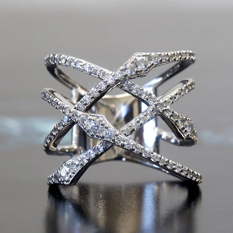 925 Silver Shiny Full Diamond Ring 14K Cross Rings,Criss Cross X Ring Cubic Zirc