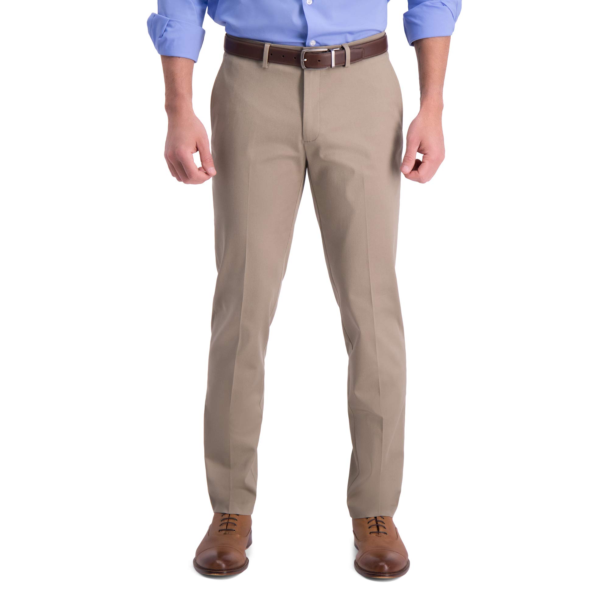 Haggar Mens Iron Free Premium Khaki Slim-Straight Fit Flat Front Flex Waist Casu