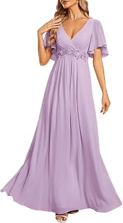 Ever-Pretty Women's Spring Short Sleeve Bridesmaid Dresses V-Neck Chiffon Ruched Empire Waist Appliques Long Formal Dress