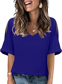 DouBCQ Womens Plus Size Blouse Deep V Neck Tshirt Loose Cold Shoulder Basic Tunic Tops