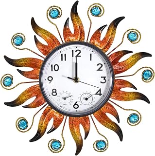 HOBYLUBY Outdoor Sun Clock with Thermometer Hygrometer Combination Clock Silent Outdoor Clock with No Tapping Sound Waterproof Quartz Clock for Patio, Living Room, Kitchen, Garden, 33