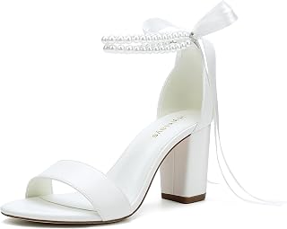 Hyinlays Women's Open Toe Block Heel Pearl Wedding Shoes for Bride Chunky Heeled Sandals Bridal Shoes Pumps