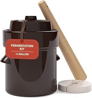 Fermentation Crock 1/2 Gallon - Sauerkraut Crock with Weights & Pounder | Ceramic Fermenting Crock Kit for Pickling Cabbage Kimchi Vegetables - 4 Liter Fermentation Jar - Stoneware Pickle Pot