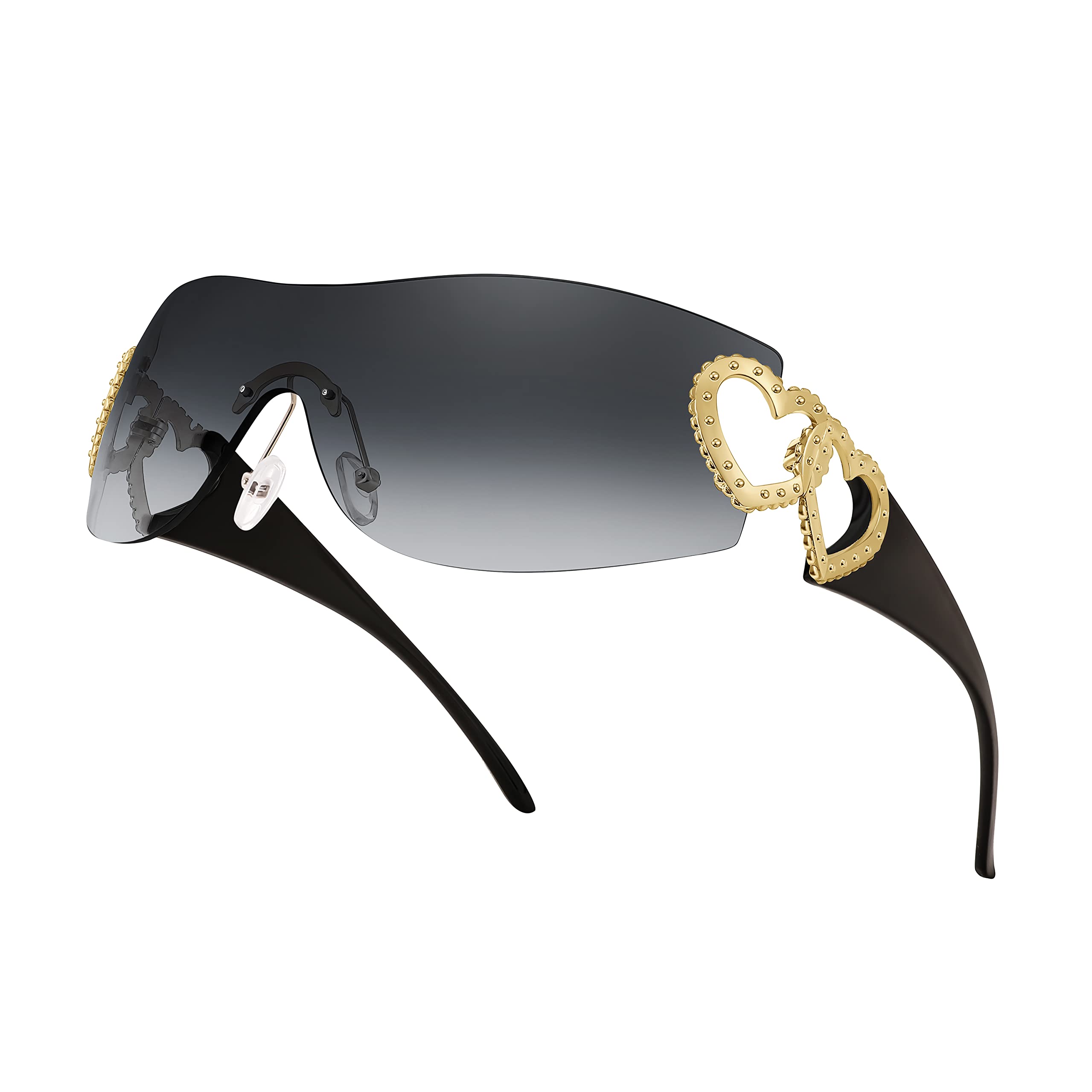 FEISEDY Rimless Y2K Sunglasses Heart for Women Men Fashion Futuristic Wrap Aroun