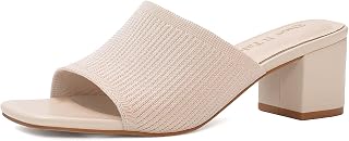 Shoe'N Tale Heeled Sandals For Women Square Open Toe Heeled Mules Chunky Block Low Heel Slip On Slides