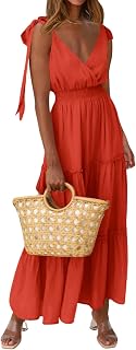 Prettygarden Maxi abito da donna con scollo incrociato primaverile, senza maniche, a balze, per la spiaggia con spalline a fiocco e punto smock, abito lungo plissettato, Arancione, L