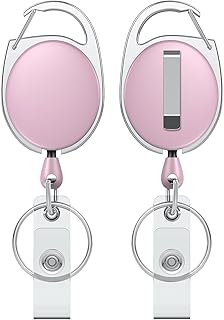 Pawfly 2 Pack Retractable Badge Reel, Pink Keychain with Carabiner Clip | Heavy duty ABS casing, stainless steel spring, 24" nylon rope, key ring & strap included, holds 2.5 oz, 10000+ pulls