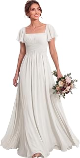 MisShow Women's Flutter Sleeves Bridesmaid Dresses Square Neck Chiffon Maxi Dress A Line Formal Evening Gown