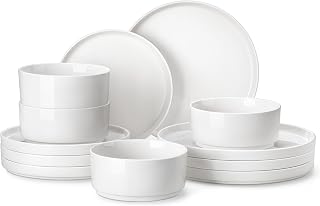 MALACASA 12 Pieces Porcelain Dinnerware Set, Modern White Dish Set for 4, Premium Serving Plates and Bowls Sets, Chip and Scratch Resistant Dishware Sets Dining Ware Set, Series LEAH