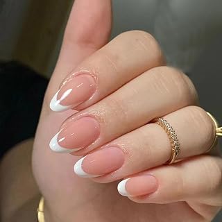 French White Tip Press On Nails, Short Oval Fake Nails, Elegant Pink Soft Gel Fake Nails, Acrylic Full Cover Glue, Natural Reusable Stick On Nails for Women Girls Daily Party Wear