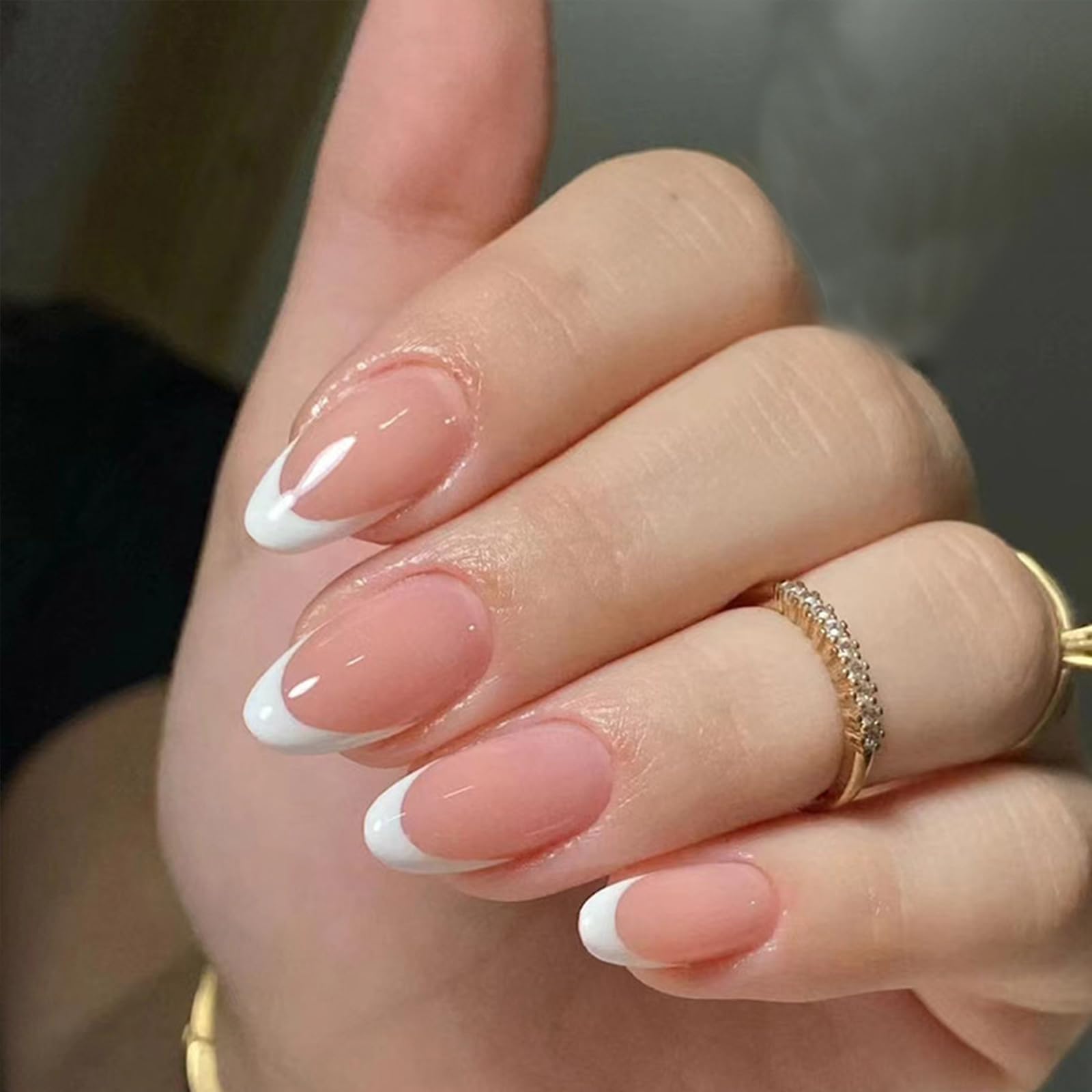 French White Tip Press On Nails, Short Oval Fake Nails, Elegant Pink Soft Gel Fa