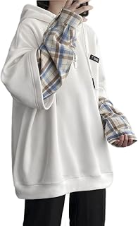 FJLTDCP Men's Hoodie, Long Sleeve, Faux Layered, Layering Style, Plaid Pattern, Large Size, Casual, Loose, Sweatshirt, Top, Pullover