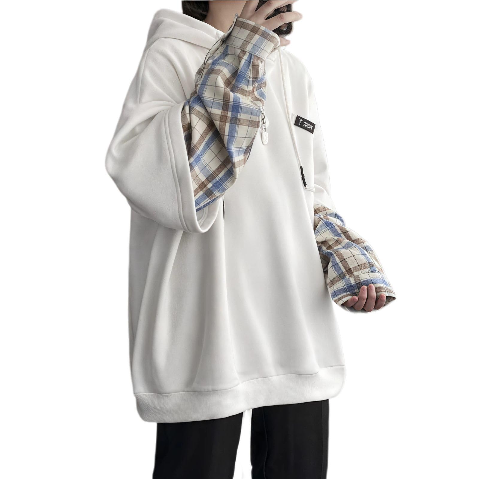 FJLTDCP Men's Hoodie, Long Sleeve, Faux Layered, Layering Style, Plaid Pattern, 
