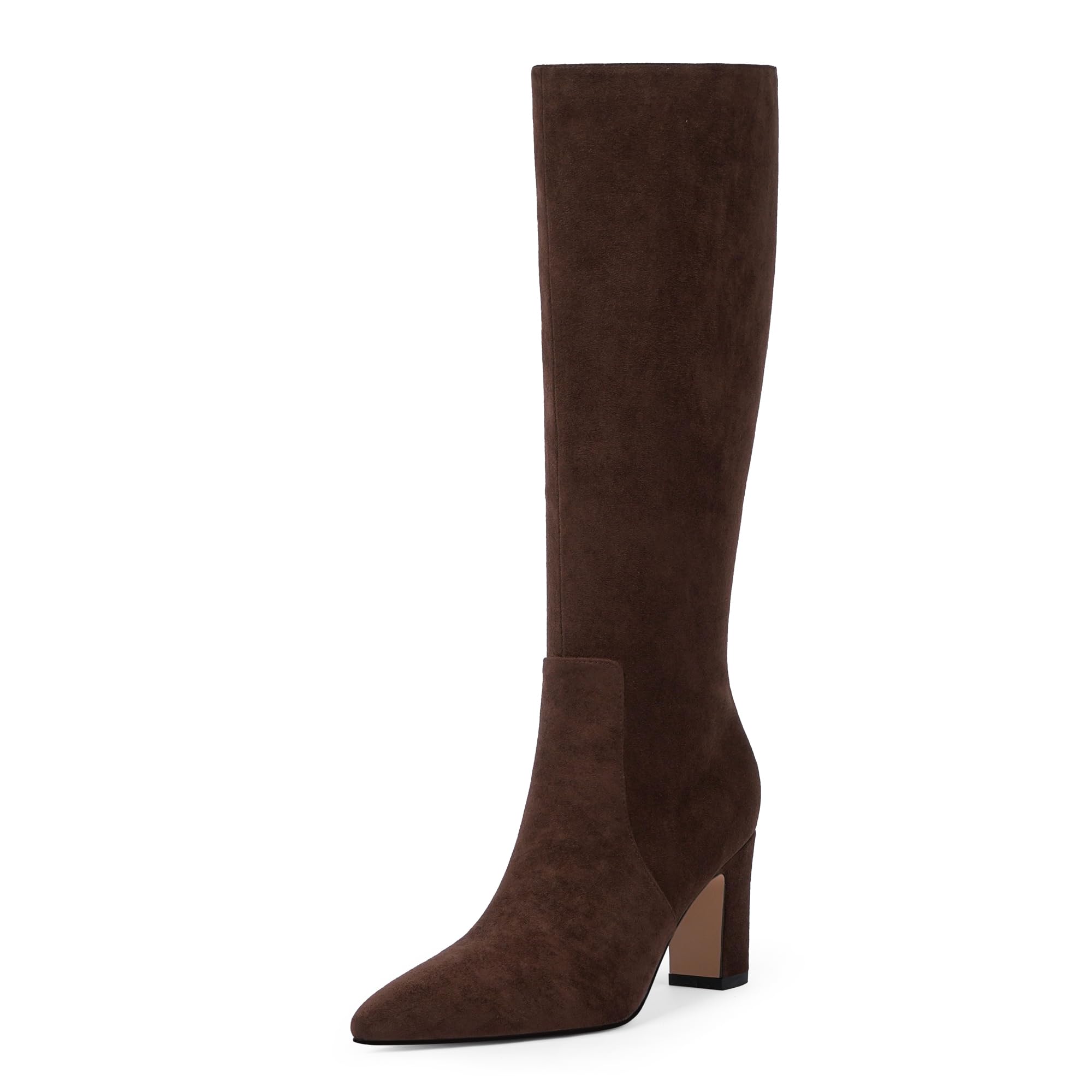VIUGJNEX Botas altas hasta la rodilla para mujer, 7,6 cm, tacón grueso, punta pu