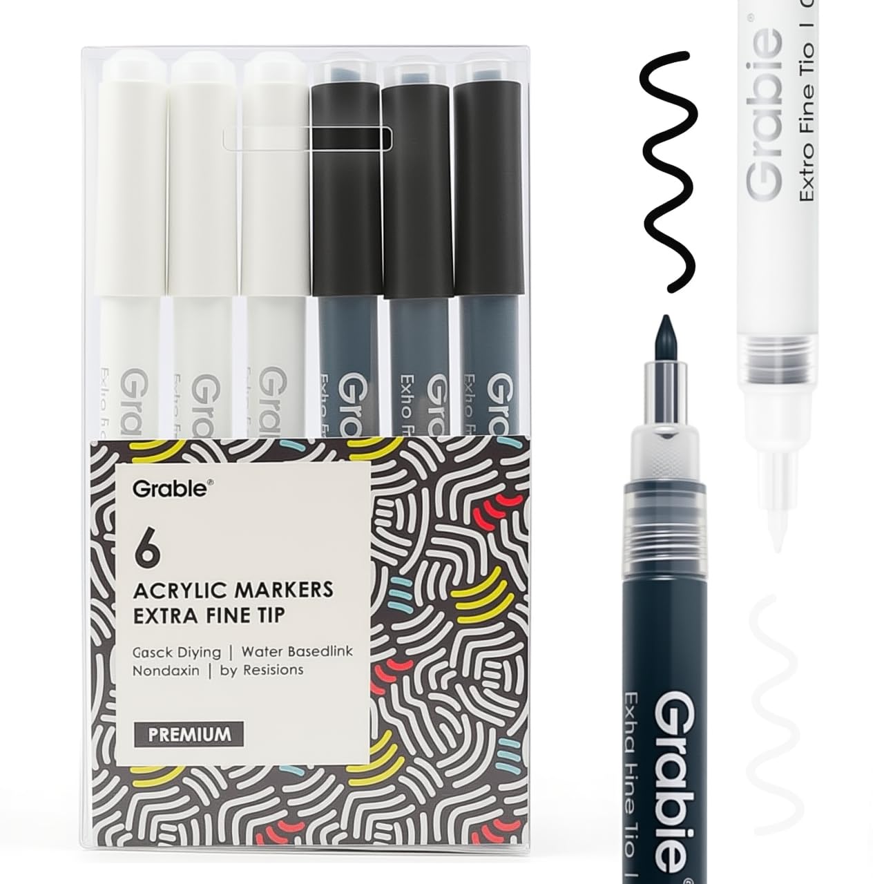 Grabie 6 Pack of Black & White Acrylic Paint Markers, 0.7 mm Extra Fine Tip | Ex