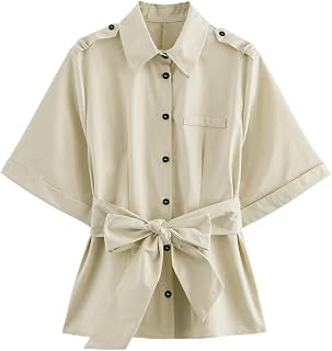 KEOMUD Women's Spring Fall Button Down Shirt with Belt,Casual Short Sleeve Blouse Tops for Office Daily Outfits