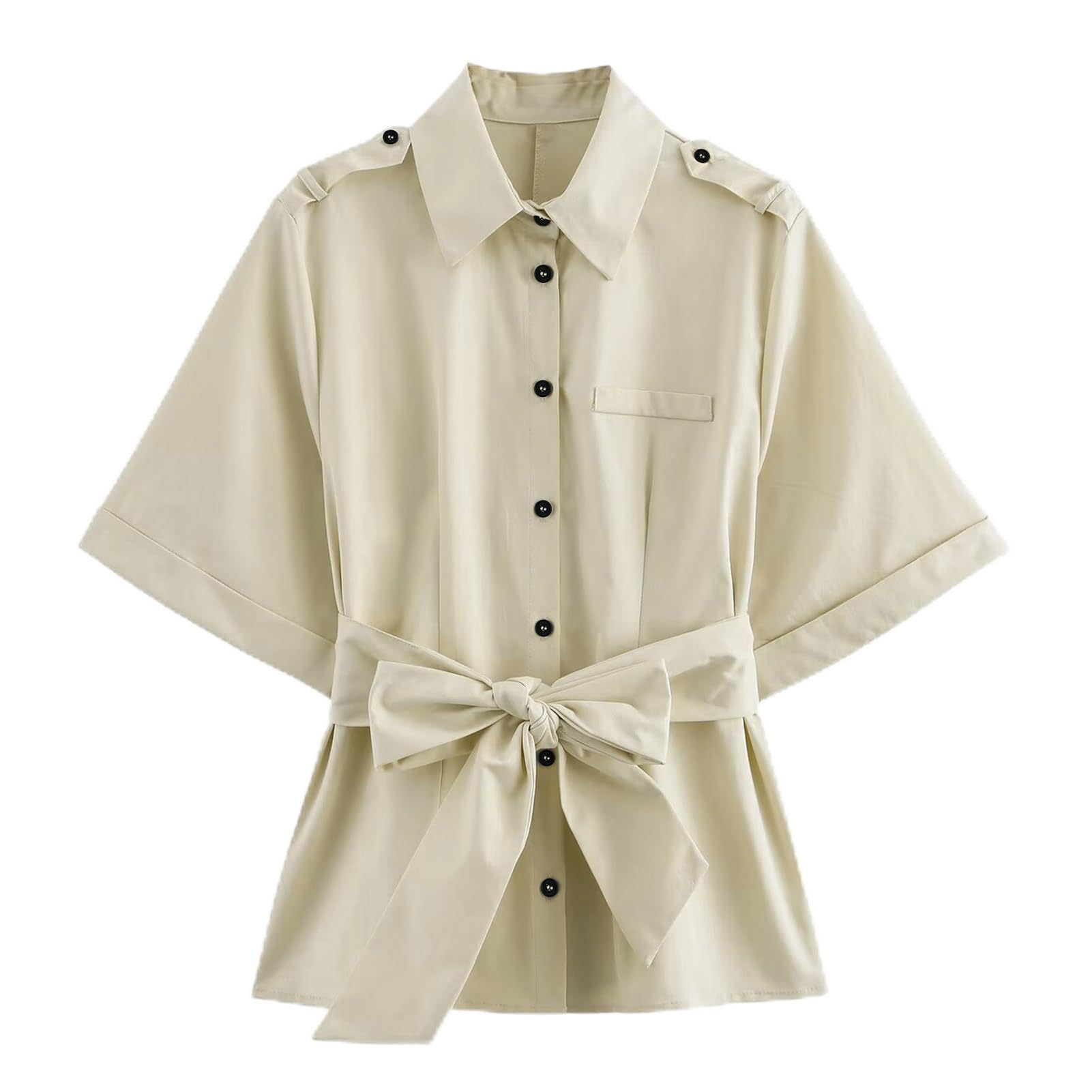KEOMUD Women's Spring Fall Button Down Shirt with Belt,Casual Short Sleeve Blous