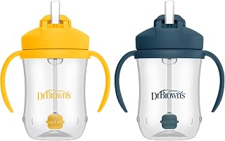 Dr. Brown's Milestones Baby's First Straw Cup, Blue &amp; Yellow, 2-Pack | 9 oz/270 mL Toddler Training Cups with Weighted Straws, BPA-Free, 6m+