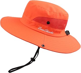 PESAAT Women Men Fishing Hat Summer Sun Hats for Women UV Protection Wide Brim Bucket Hats with Ponytail-Hole