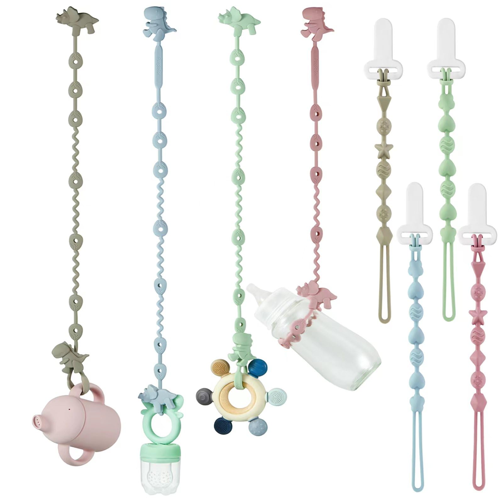 PandaEar 8 Pack Baby Toy Holder Straps & Silicone Pacifier Clips, Dinosaur Silic