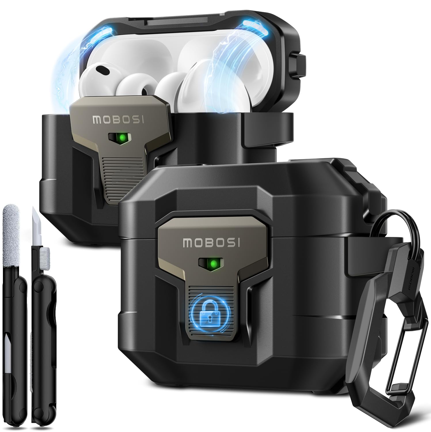 MOBOSI for AirPods Pro 3 Case 2025 with Drop-Proof Lock, Black | Cleaning Kit & 