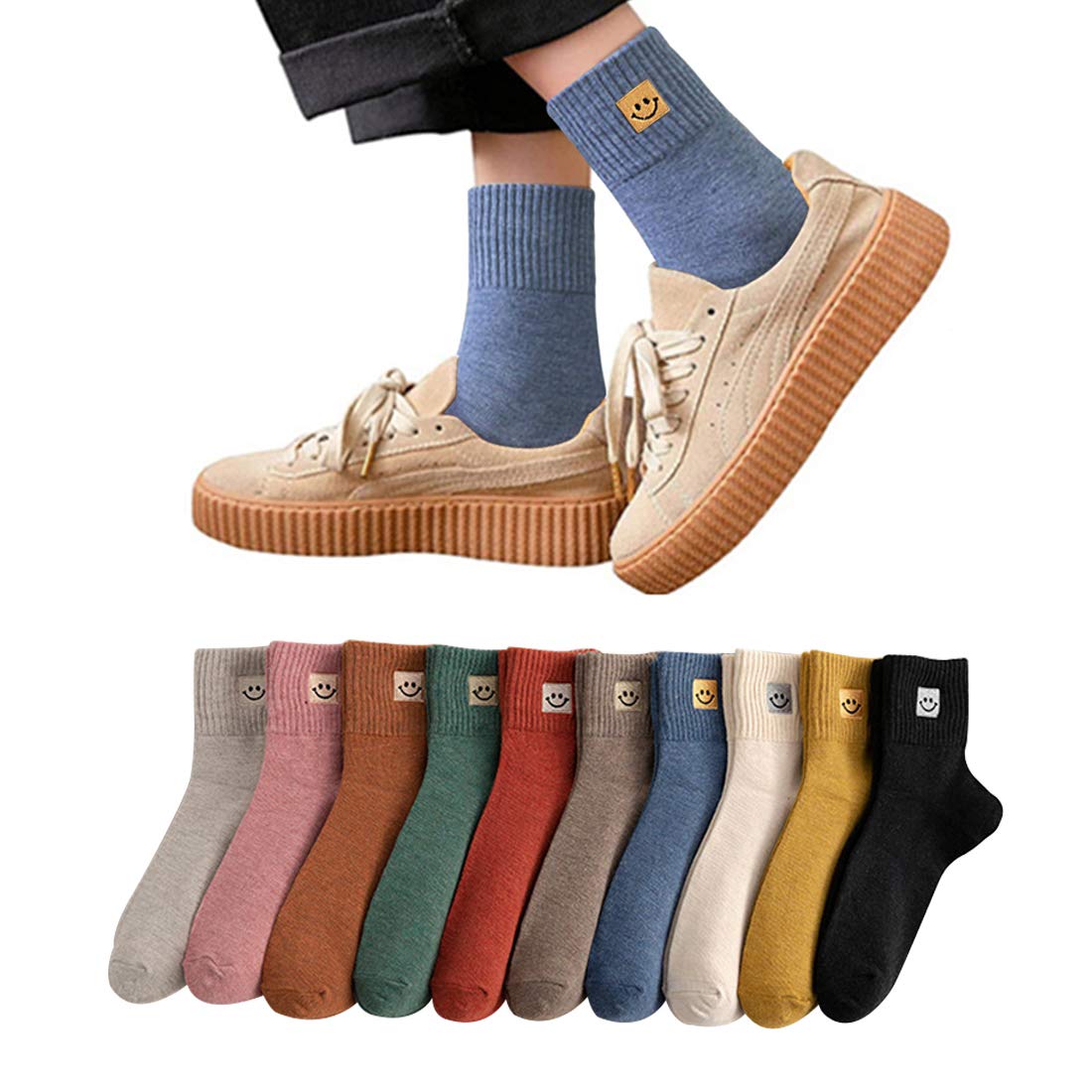 DAMILY Women's Socks Cute All-Season Crew Length Colorful 5-Pair/10-Pair Set Cot