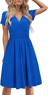 STYLEWORD Women Summer Dress Short Sleeve Summer Dress V Neck Floral Wrap Waist Casual Dress with Pockets