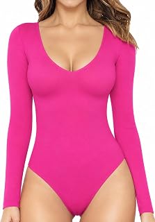 Women's Bodysuits Deep V Neck Long Sleeve Stretchy Basic Bodysuit Tops