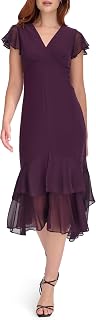 Tommy Hilfiger Women's Flutter Sleeve V-Neck Ruffle Trim Hi-Lo Midi Dress