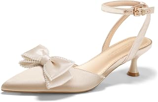 Coutgo Scarpe da donna in raso con tacco basso, fiocco e perla, chiuse a punta, cinturino alla caviglia, scarpe da sposa