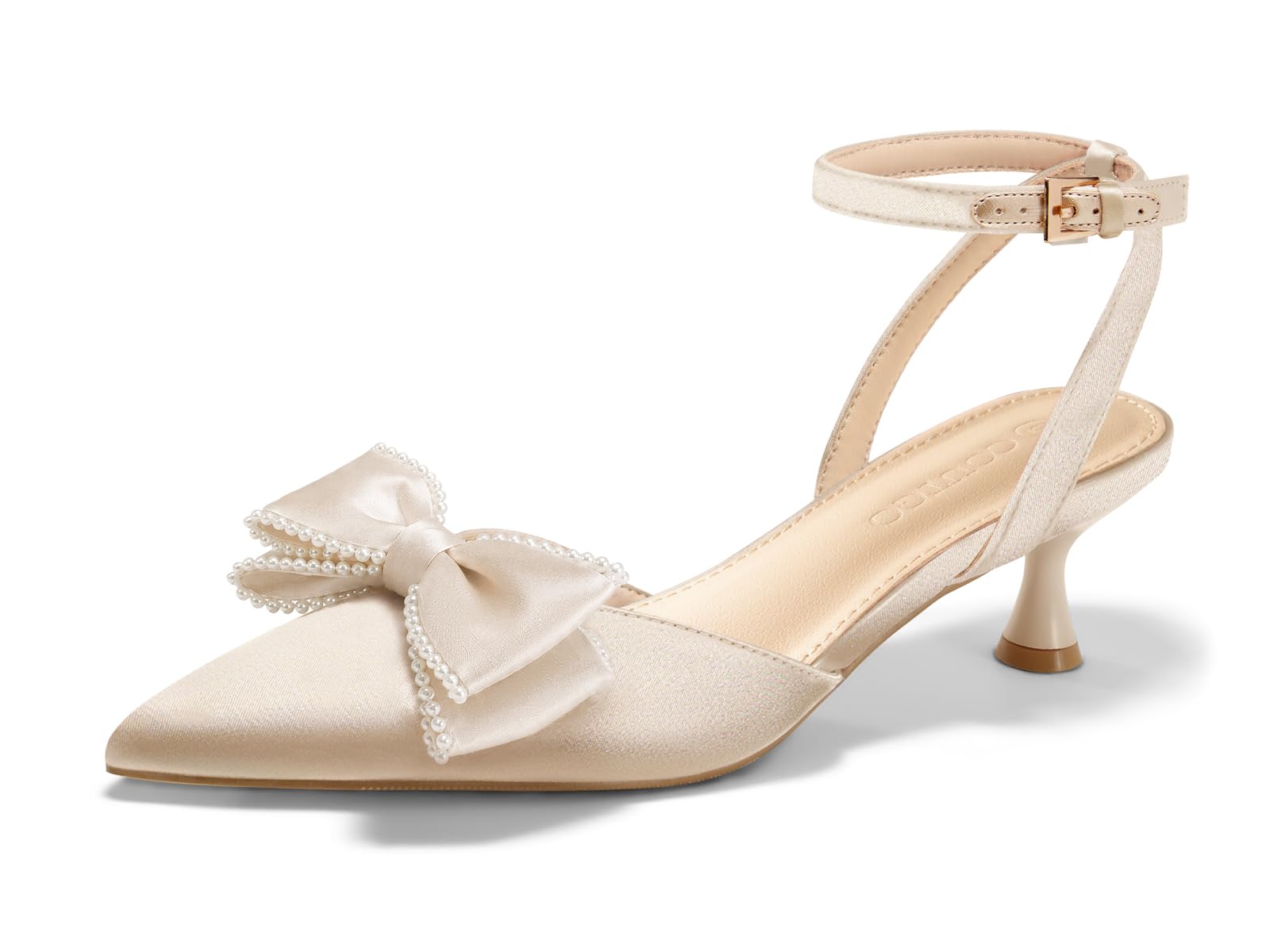 Coutgo Scarpe da donna in raso con tacco basso, fiocco e perla, chiuse a punta, 