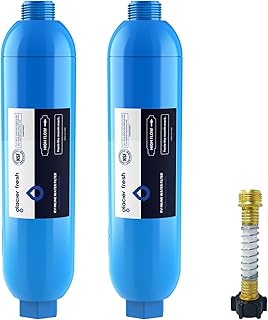 GLACIER FRESH RV/Marine Water Filter with 1 Flexible Hose Protectors 2 Pack | Greatly Reduces Bad Taste, Odors, Chlorine and Sediment in Drinking Water