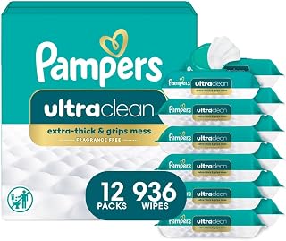 Pampers Ultraclean Baby Wipes, Unscented, Fragrance Free, Water Based, Hypoallergenic, Extra Thick & Grips Mess, 100% Plant Based, 936 Wipes Total (12X Flip-Top Packs)