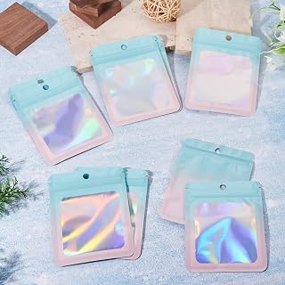40pcs 12x9cm Holographic Plastic Zip Lock Bags Gradient Glitter Self Sealing Bags Resealable Packaging Pouch with Hole Hanging Gift Bags Jewelry Beads Charms Christmas New Year Party Supplies (Pink)