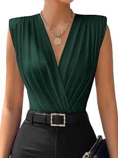 LYANER Women's Wrap V Neck Sleeveless Bodysuit Top