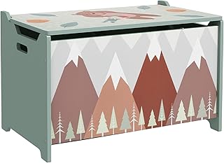 Qaba Toy Box Kids Storage Chest with Lid Mountain Pattern Green | Safety Hinges and Groove Handles, Toy Storage Organizer, for Boys Girls