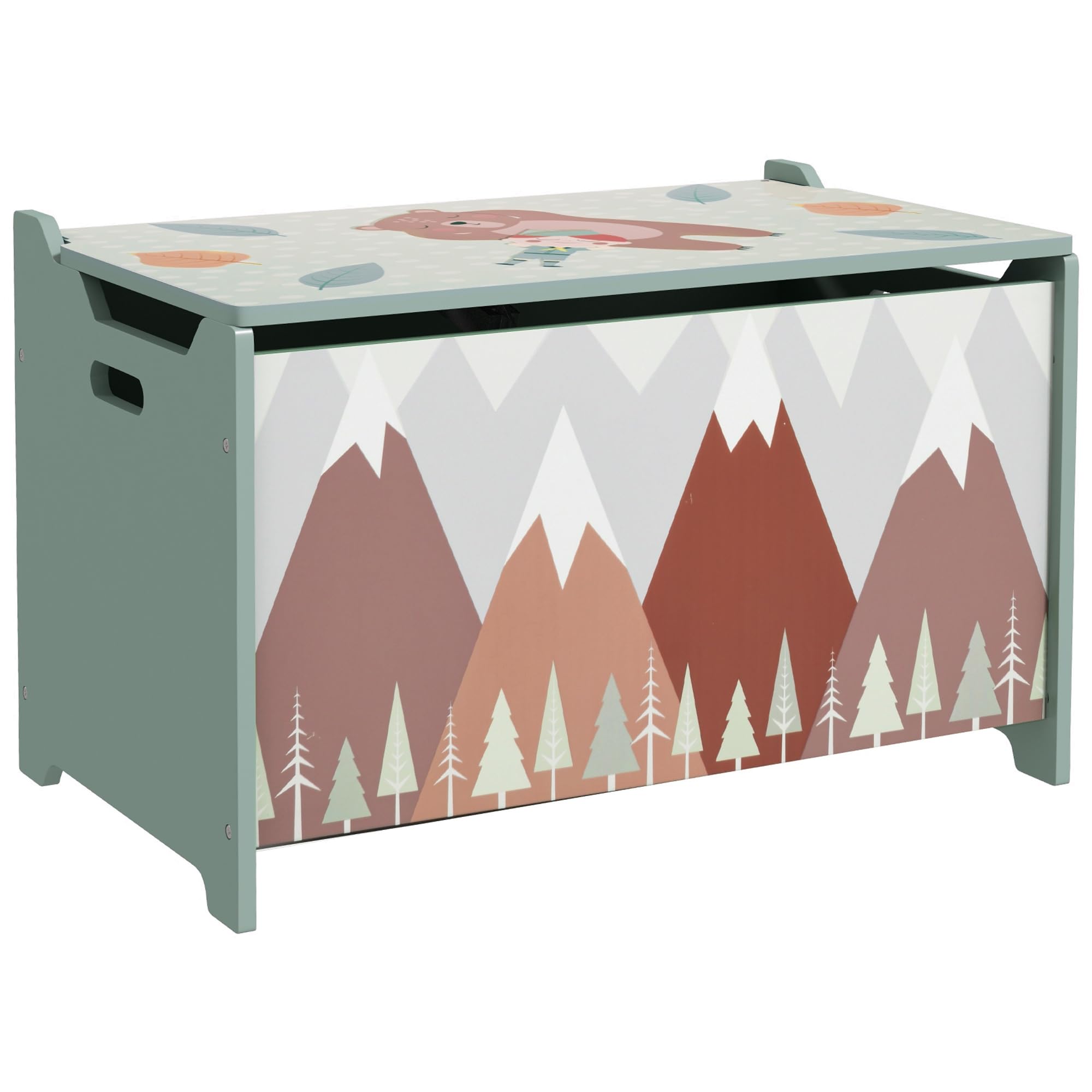 Qaba Toy Box Kids Storage Chest with Lid Mountain Pattern Green | Safety Hinges 