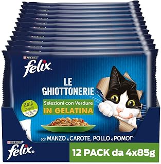 FELIX Le Ghiottonerie Wet Food for Adult Cats, 48 x 3 oz Sachets | Jelly treats with beef and carrots, chicken and tomato