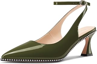 NobleOnly Womens Slingback Heels Beaded Pumps Ankle Strap Pointed Toe Kitten Heels Dress Shoes 2.6 Inches