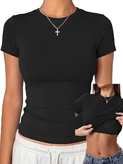 Danysu Cotton Crewneck T Shirts with Built in Bra Summer Short Sleeve Crop Tops for Women Nude Fitted Basic Tees Black Large