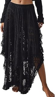 Yimoon Women Floral Lace Long Skirt Elastic Asymmetric Layered See Through Maxi Skirt Sexy Sheer Flowy Beach Skirt