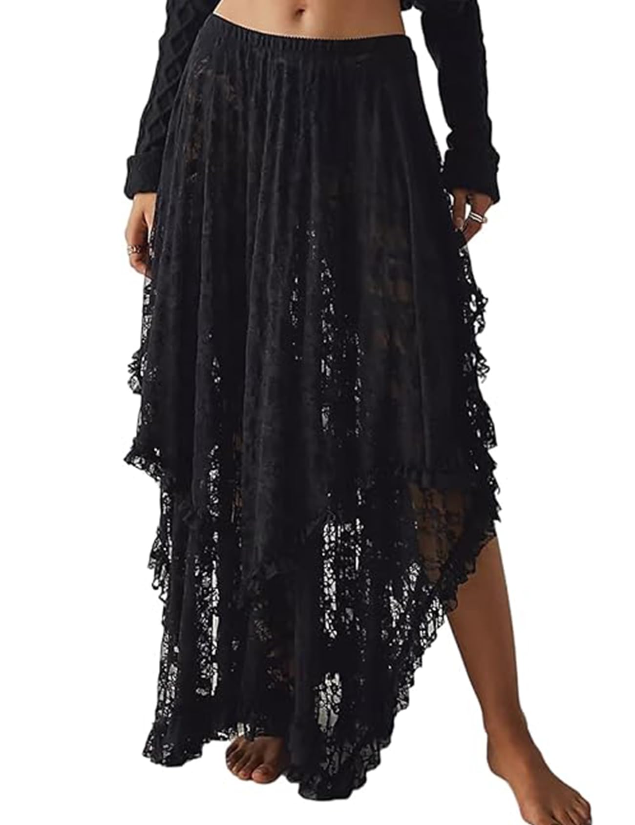 Yimoon Women Floral Lace Long Skirt Elastic Asymmetric Layered See Through Maxi 