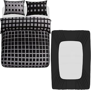 Grace 4 Pcs Double Duvet Set with Matching Black Double Fitted Sheet 40 cm Extra Deep Pocket - UltraSoft Breathable Premium Microfibre Reversible Quilt Cover Bedding Set For All Seasons
