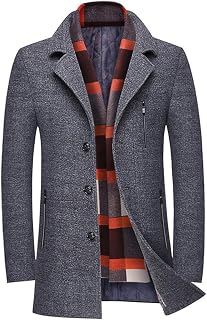 WULFUL Men’s Wool Blend Winter Coat Slim Fit Short Trenchcoat Warm Business Jacket with Detachable Soft Wool Scarf