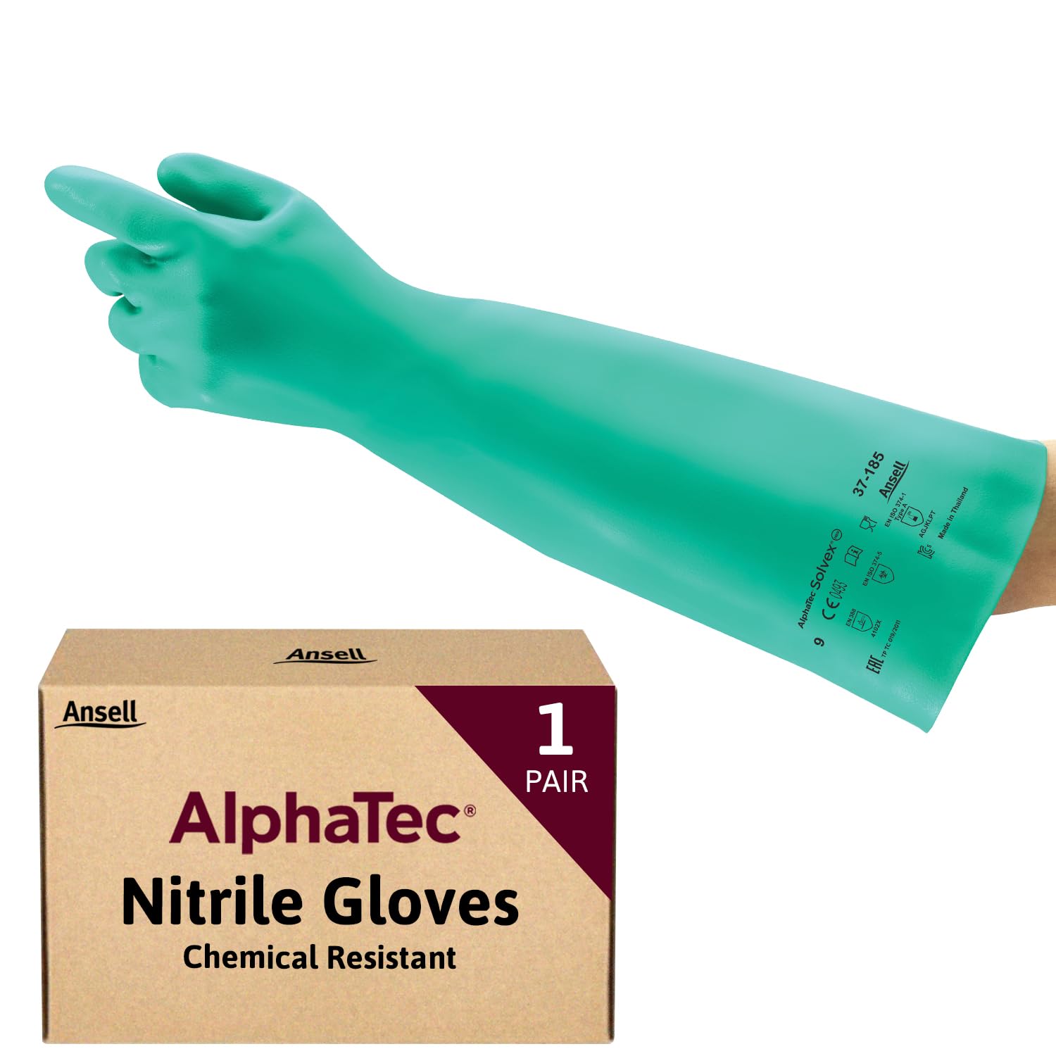 Ansell AlphaTec 37-185 Chemical-Resistant Nitrile Gloves, Liquid and Splash Prot