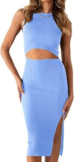 PRETTYGARDEN Women's Summer Midi Dress Casual Crew Neck Side Split Sleeveless Knit Cutout Midi Dress