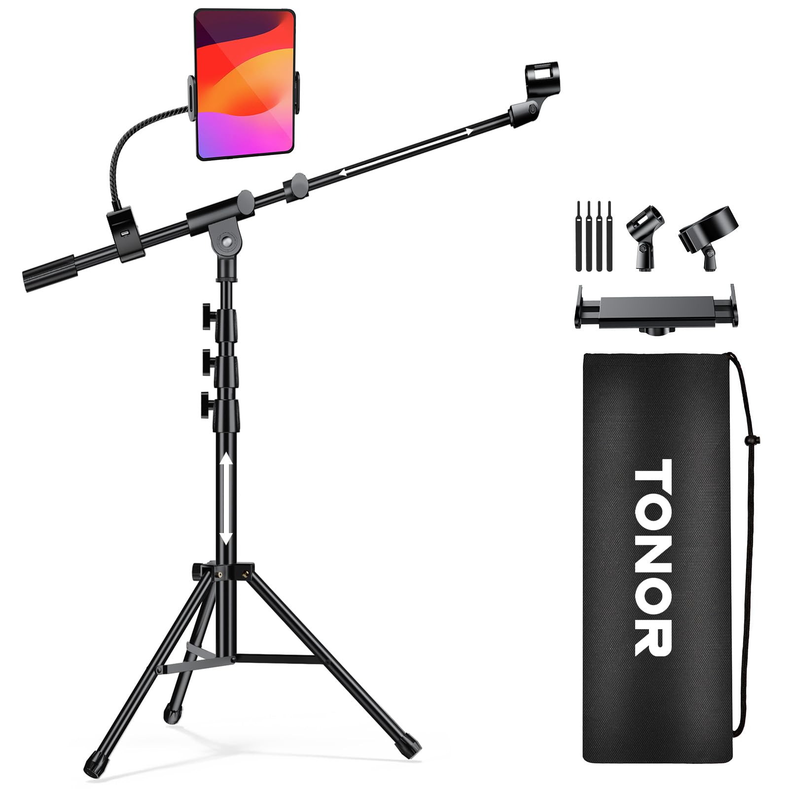 TONOR Microphone Stand with Tablet Holder, Tripod Boom Arm for Floor, Adjustable