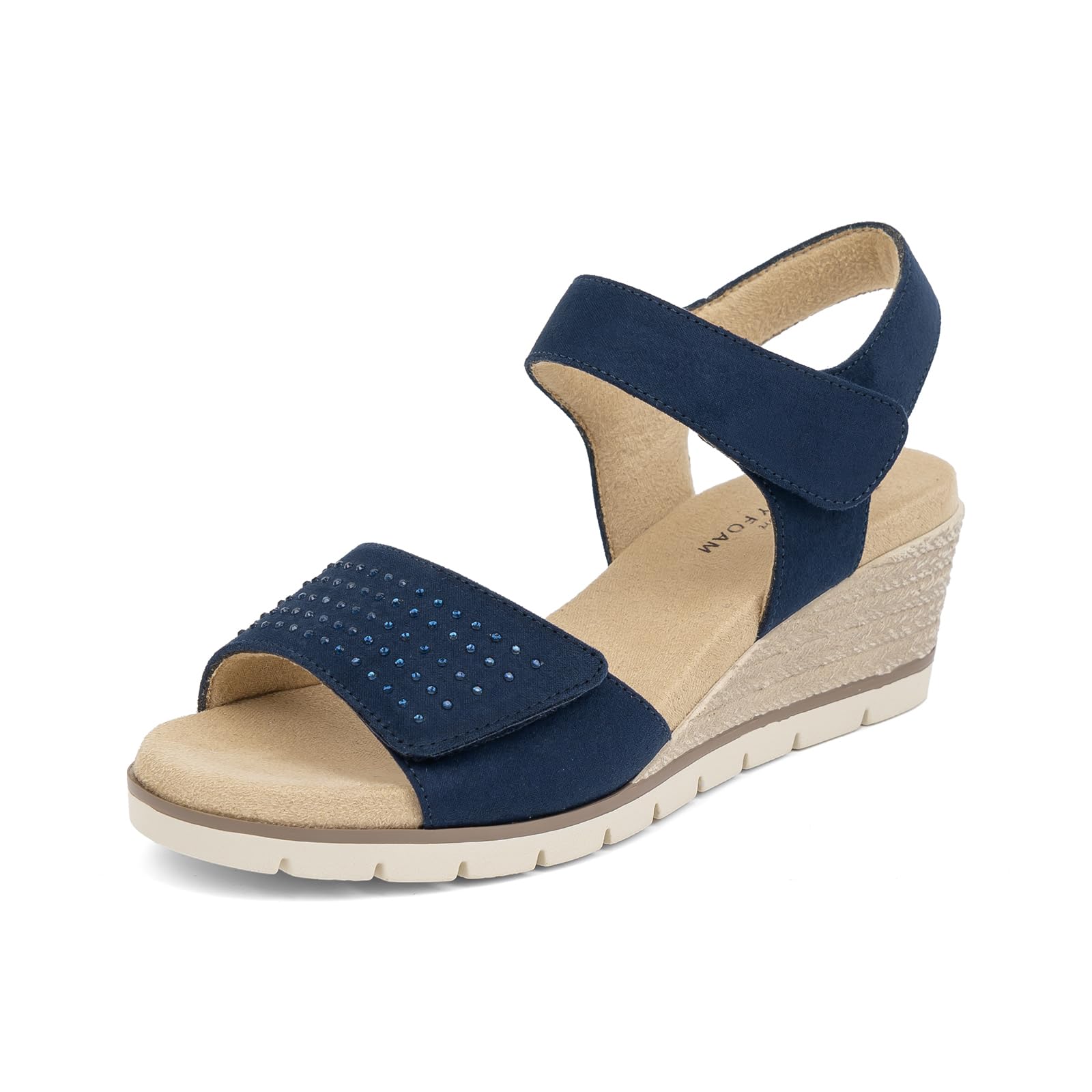 VJH confort Women's Wedge Sandals, Comfort Memory Foam Rhinestone Sandal with Ad
