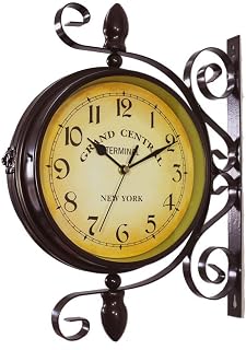 Outdoor Garden Wall Clock, 15 Inch Classical 360°Rotation Double Sided Train Station Clock with Station Bracket Garden Clock Indoor Outdoor Decoration Waterproof Outdoor Clock