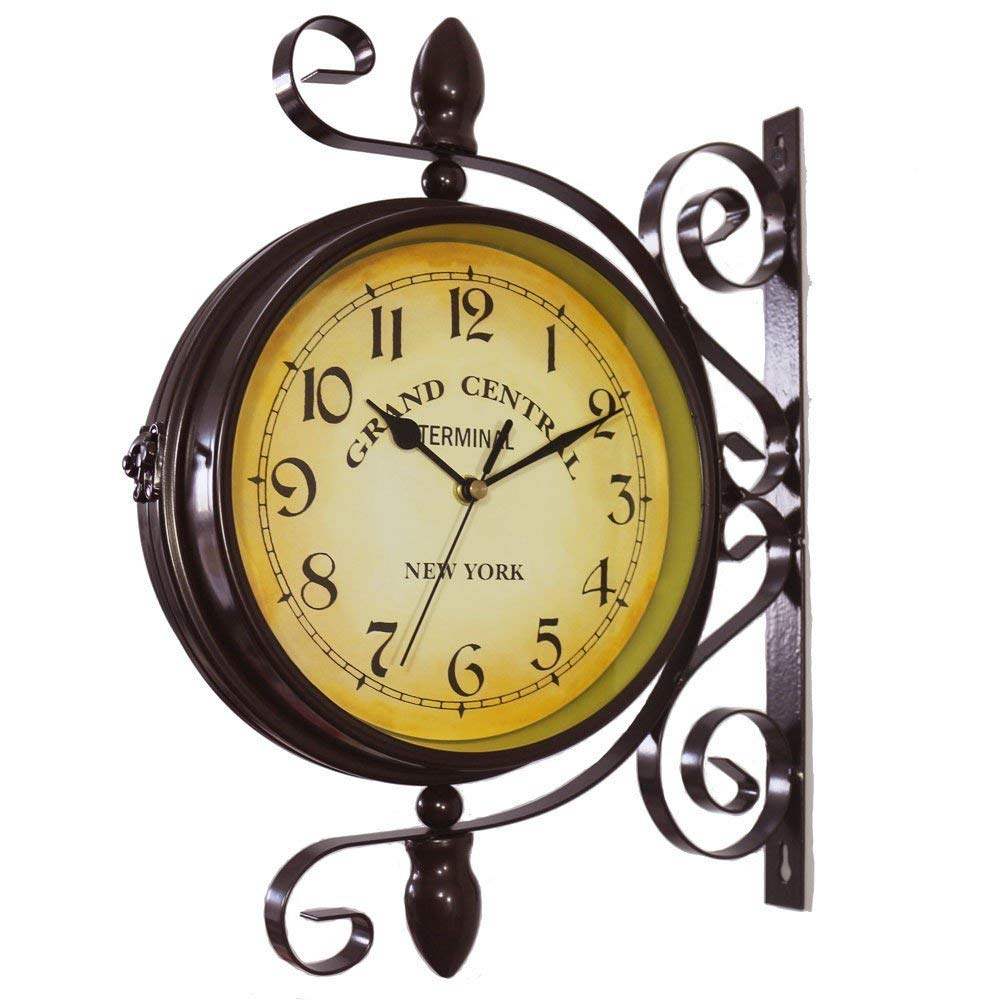 Outdoor Garden Wall Clock, 15 Inch Classical 360°Rotation Double Sided Train Sta